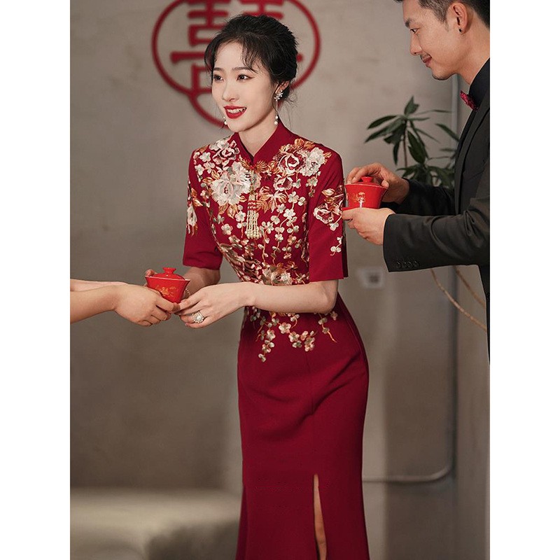 新款订红色鱼尾服旗袍2025中式裙女结婚晚礼服修身春季裙敬酒新娘