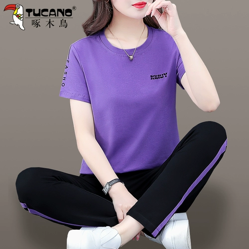 Тонкий спортивный костюм, летняя одежда, хлопковый комплект для отдыха для матери, городской стиль, в западном стиле