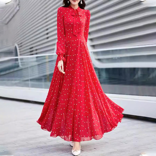 春夏超仙时尚海边度假印花系带真丝桑蚕丝连衣裙长袖修身大摆长裙