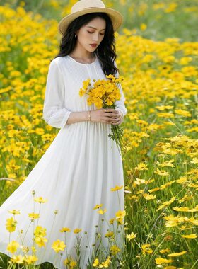 沙滩海边度假拍照真丝连衣裙