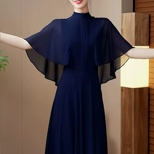 夏季新款超仙时尚气质真丝桑蚕丝连衣裙假两件斗篷拼接大摆长裙子