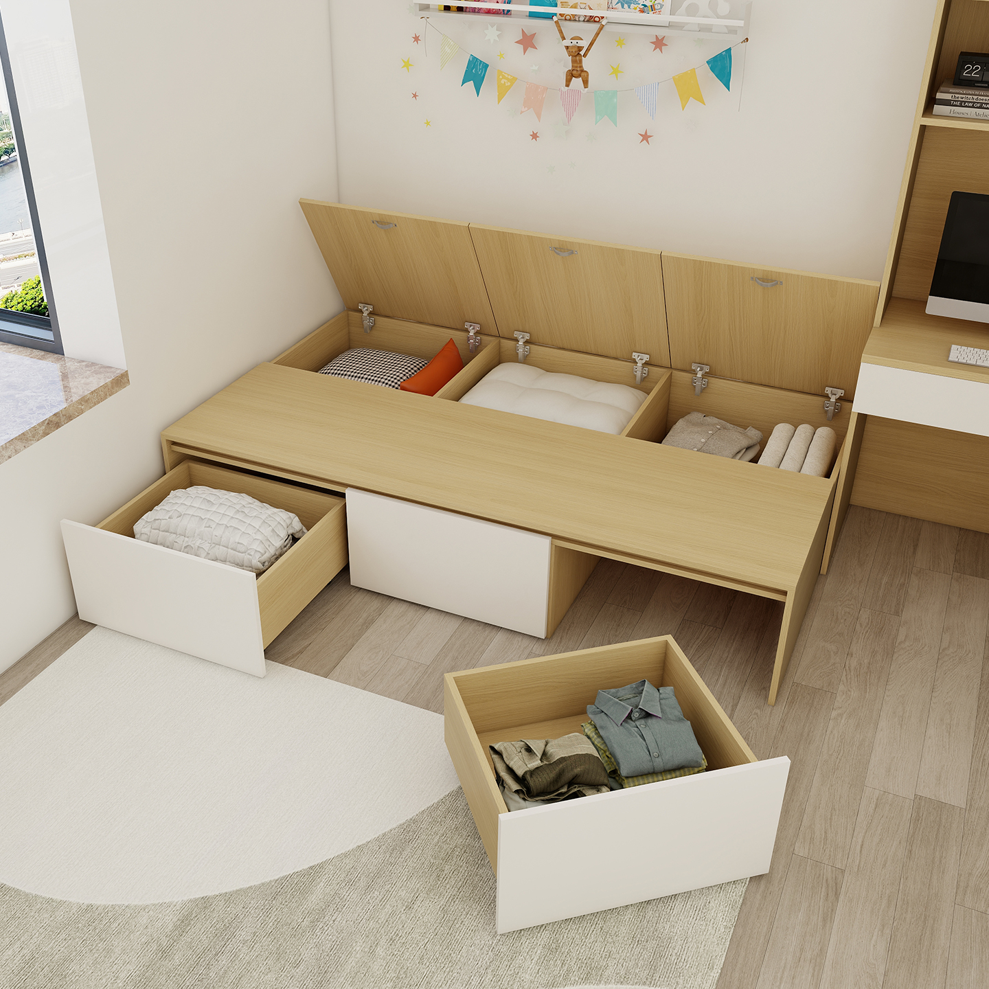 榻榻米床衣柜一体卧室床小户型实木床双人床储物床带收纳床抽屉床