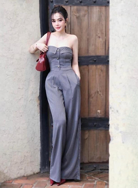 泰国潮牌女露肩抹胸连体裤春夏名媛宴会气质灰色高级感性感晚礼服