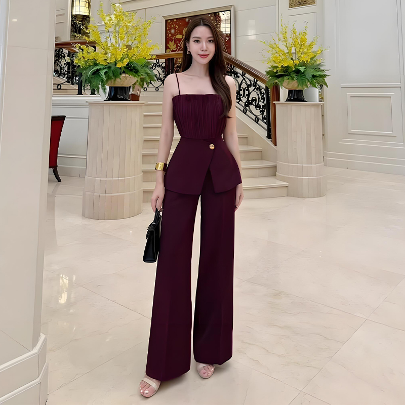 泰国潮牌女吊带阔腿裤套装酒红