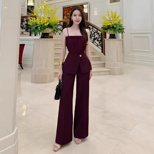 泰国潮牌女吊带阔腿裤套装酒红气质名媛礼服精致轻奢高级感两件套