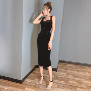 泰国潮牌女春秋名媛优雅气质轻奢宴会黑色礼服小众丝绒连衣裙