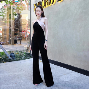 泰国潮牌女23春夏新款名媛气质挂脖拼色人鱼姬性感显瘦微喇连体裤