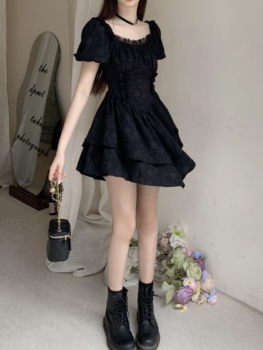 Actual shot of new sweet cool style heavy jacquard black French princess black dress