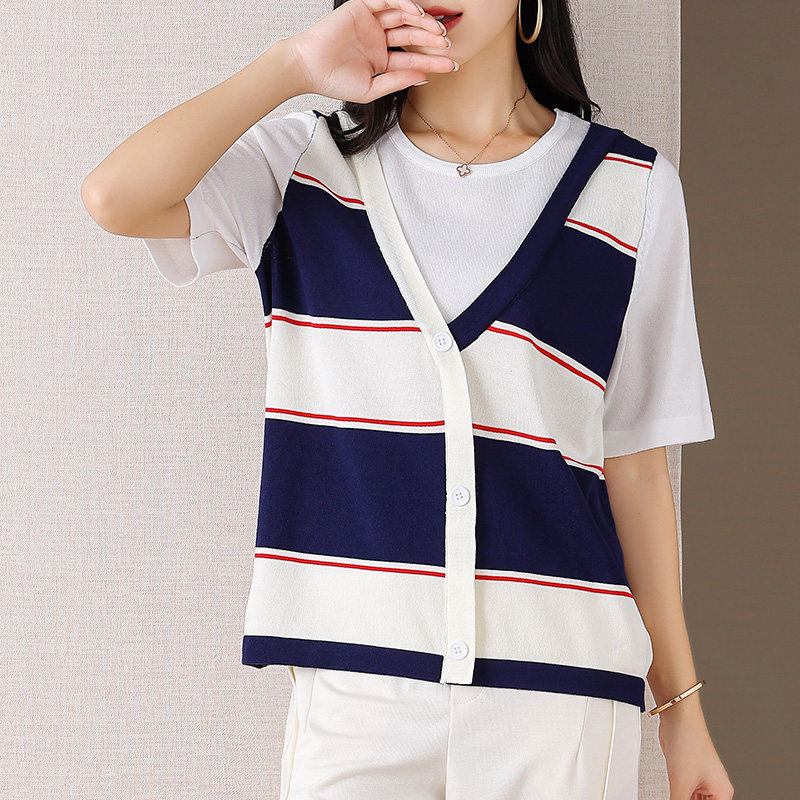伊自尚2023年夏季新款女装大码胖mm撞色假两件条纹薄款短袖针织衫