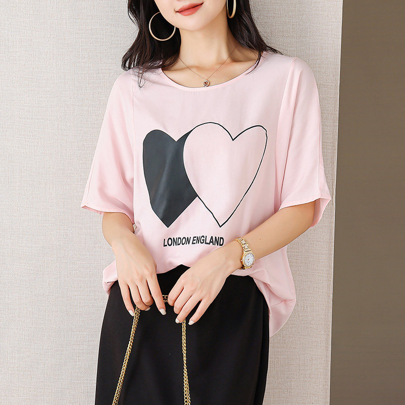伊自尚2023年新款女装大码胖mm韩版宽松显瘦爱心印花短袖T恤上衣
