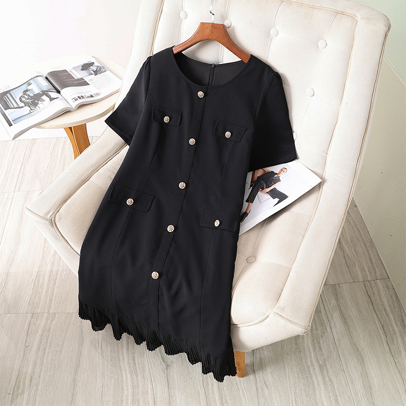 伊自尚胖mm小香风别致连衣裙2024年新款女装大码宽松显瘦短袖裙子