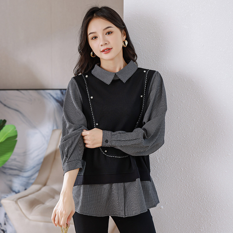 2024春季新款大码女装假两件衬衫女格子韩版大码胖mm宽松显瘦上衣