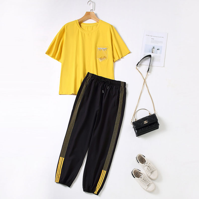 伊自尚大码女装2020年新款夏季时尚宽松短袖两件套胖妹妹显瘦套装