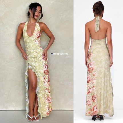 正品代购tigermist异域风情甜辣高开叉荷叶边裙摆挂脖抹胸连衣裙