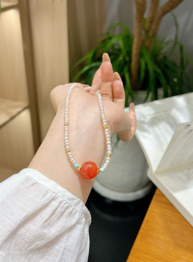 天然珍珠项链锁骨链南红路路通转运珠吊坠女款百搭饰品礼物送女友