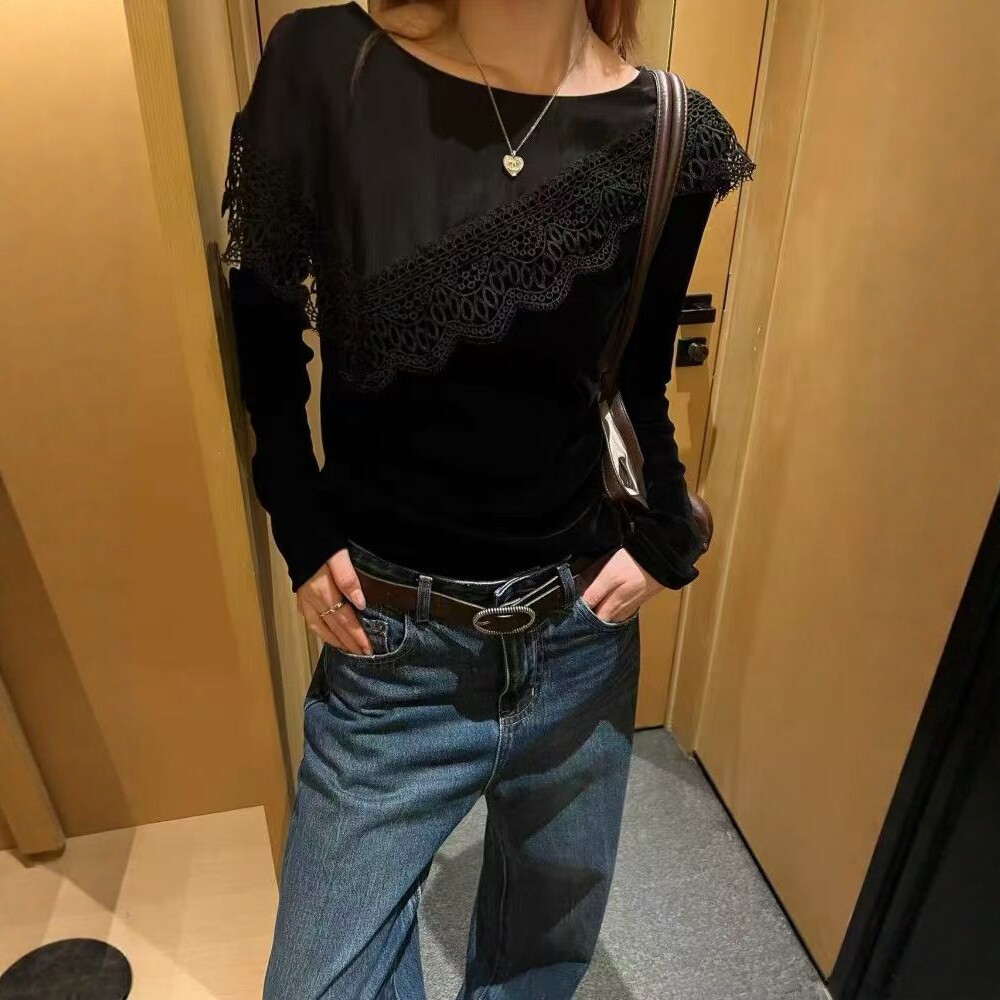 不规则蕾丝荷叶边丝绒上衣女