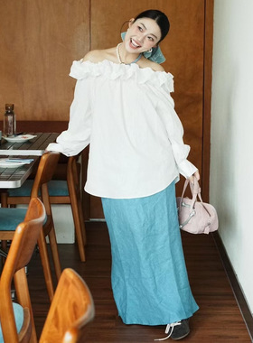 欧洲站2025秋冬款白色法式一字肩衬衫女春秋季设计感露肩长袖上衣