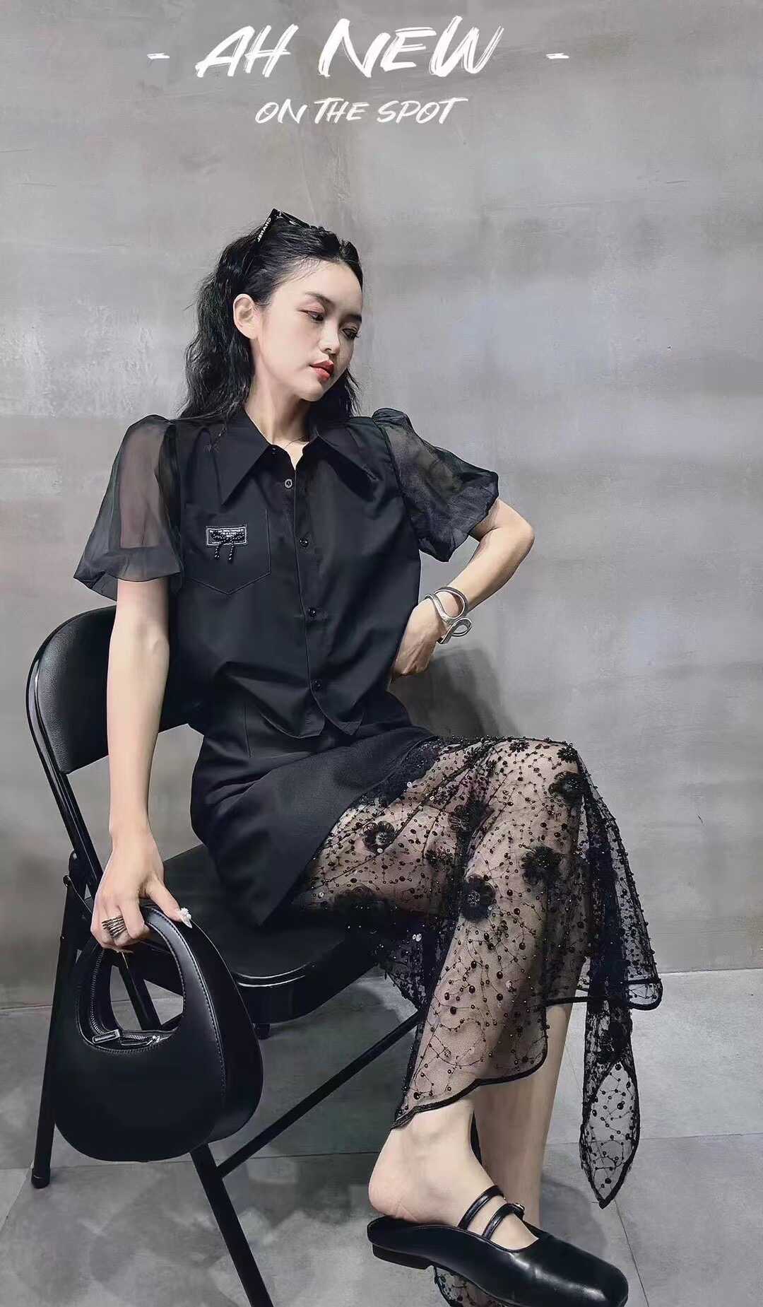 泡泡纱袖短款衬衫女短款欧洲站