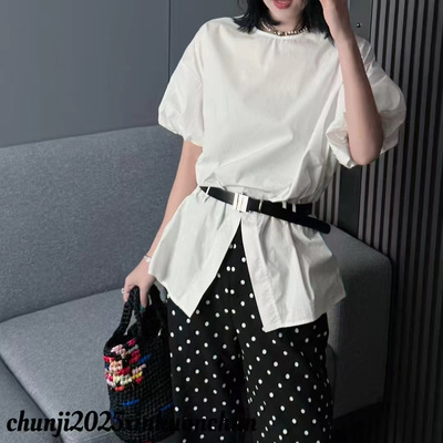 灯笼袖短袖衬衫女2025春夏新款圆领套头衬衣腰带前开叉上衣欧洲站