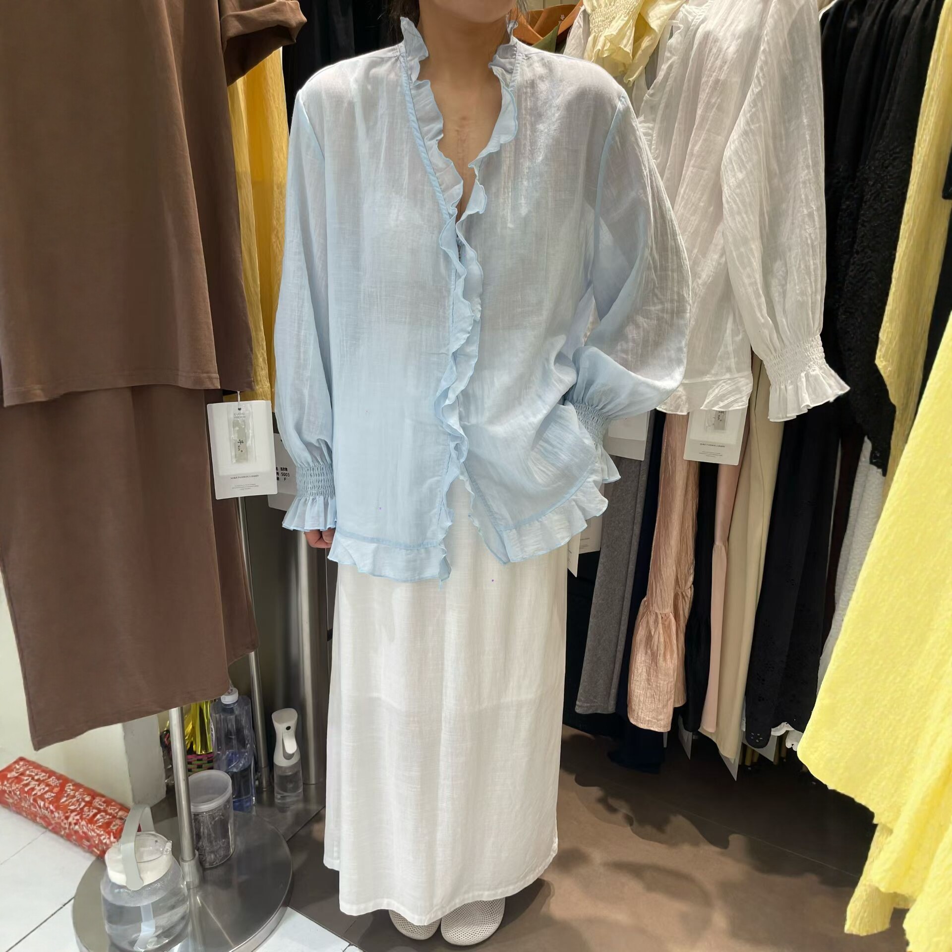 V领木耳边领苎麻衬衫女小众上衣