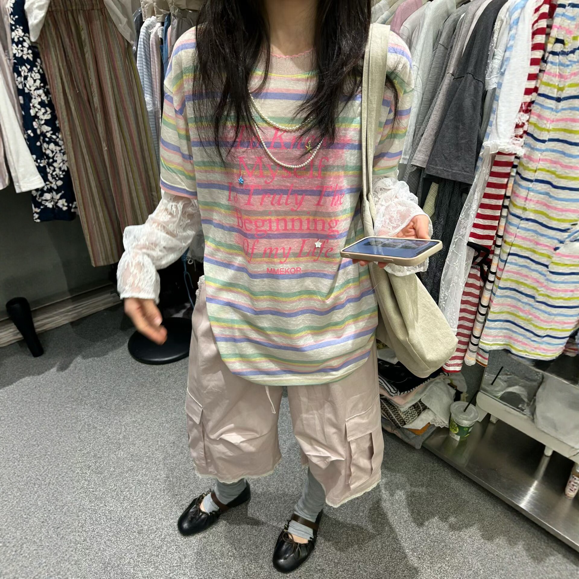 彩色条纹拼蕾丝假两件防晒T恤