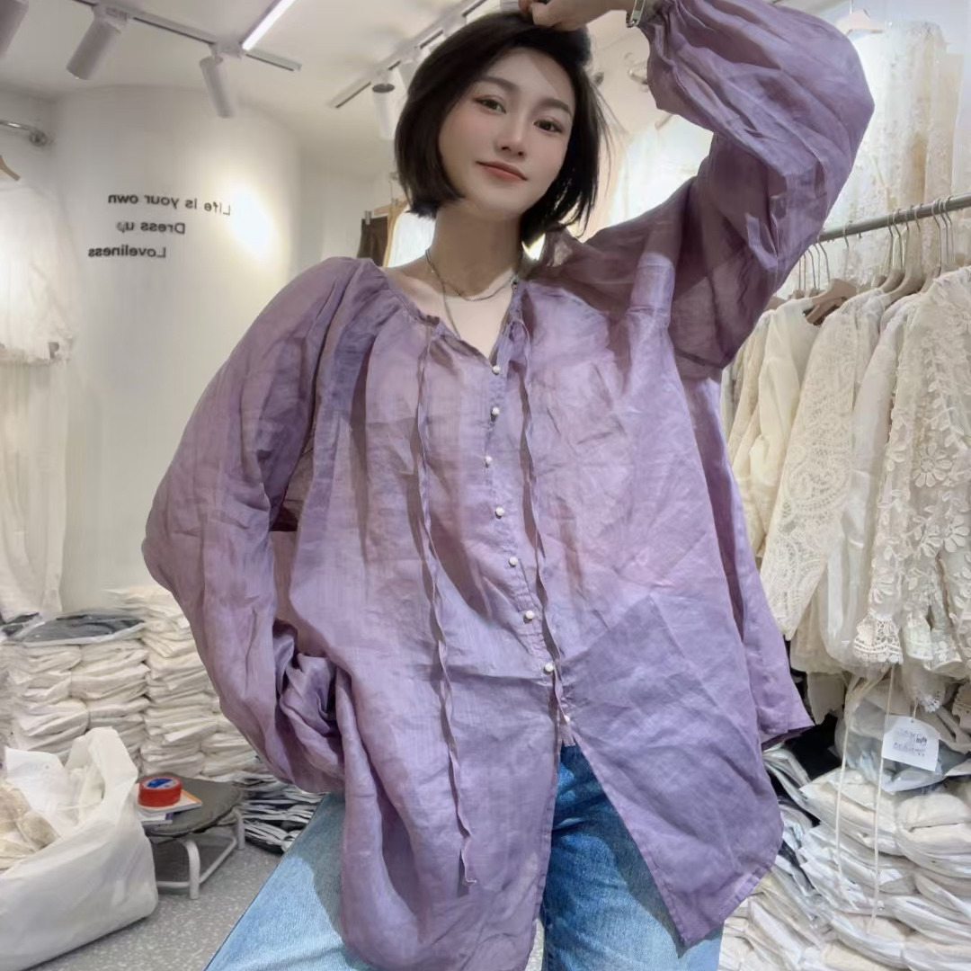圆领系带单排扣苎麻防晒衬衫上衣
