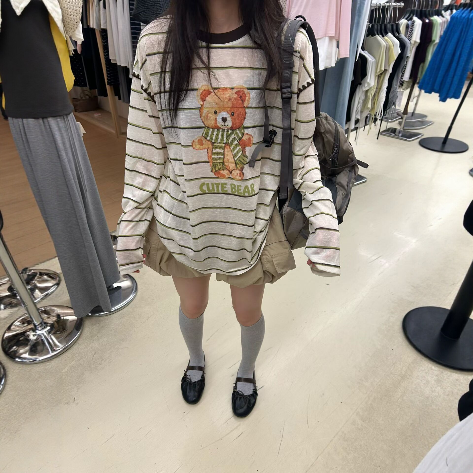卡通小熊条纹长袖T恤宽松防晒衫