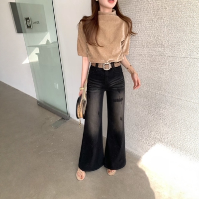 ZM欧洲站高腰微喇牛仔裤女