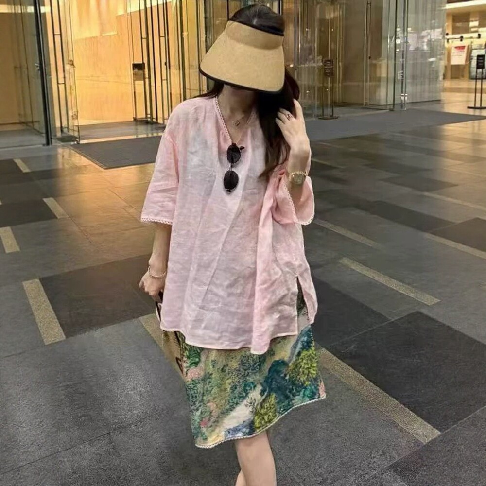 欧洲站天丝苎麻T恤衫+油画印花半裙两件套装女气质显瘦减龄套装潮