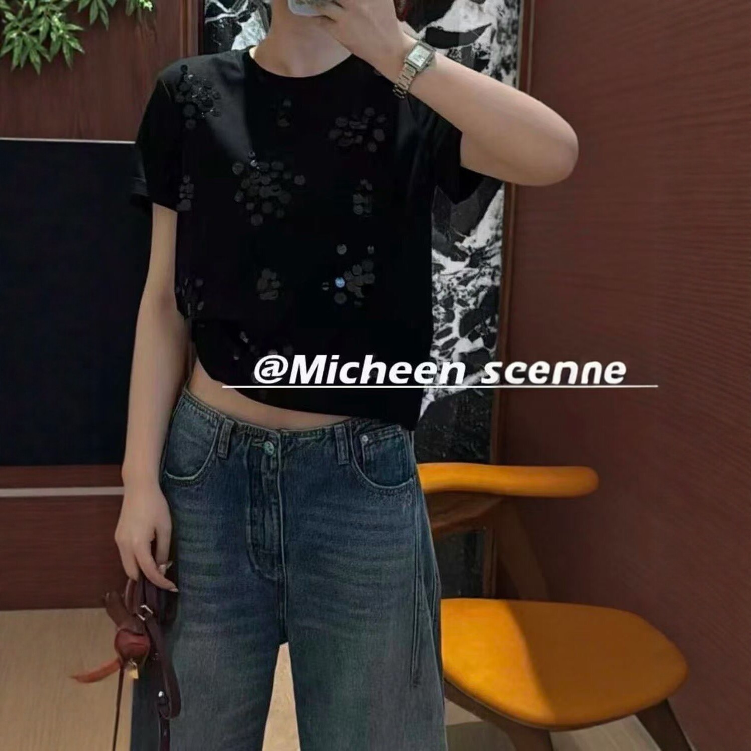 欧洲站2026春夏新款黑色亮片短袖T恤女宽松百搭显瘦设计感上衣潮