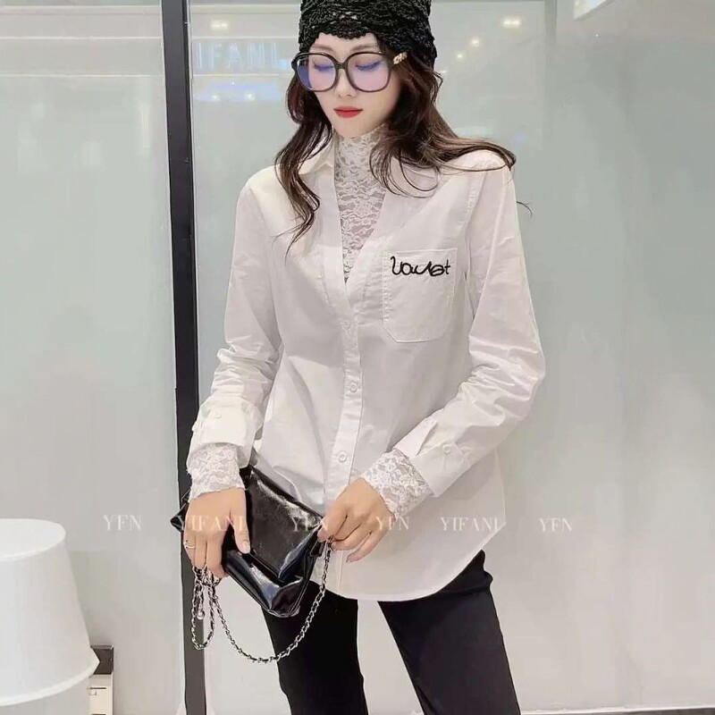 欧货设计款蕾丝半高领假两件衬衫