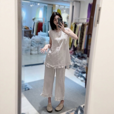 无袖亚麻背心阔腿裤两件套套装