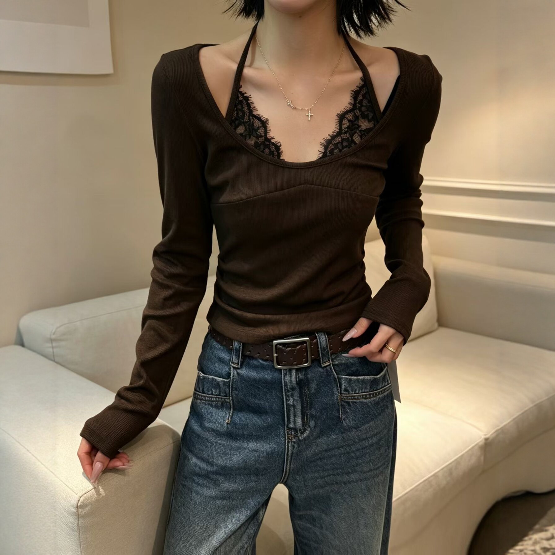 蕾丝拼接假两件长袖打底衫T恤女