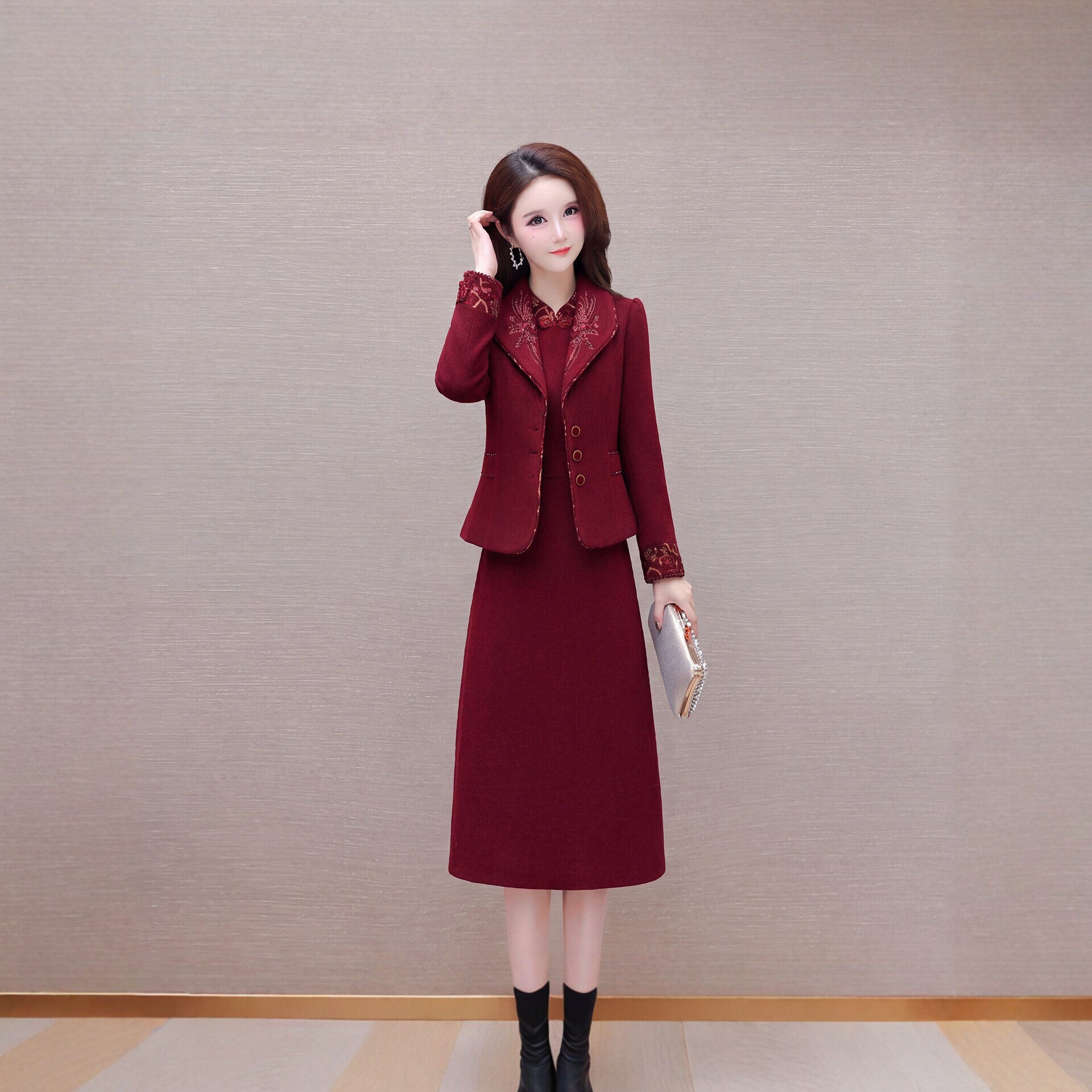 喜婆婆婚宴时尚套装裙女2026秋冬季新款妈妈装加厚保暖裙装两件套