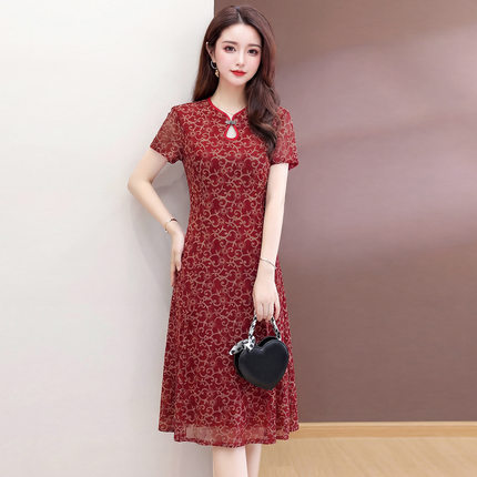 2026夏季新款改良旗袍连衣裙女蕾丝中长款妈妈装婚宴气质短袖裙子