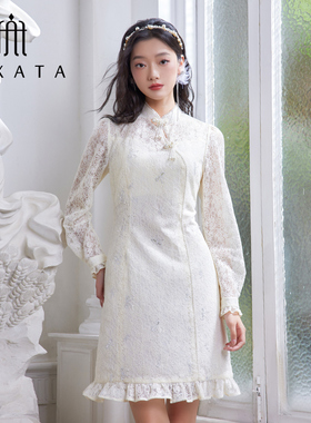 FEXATA斐格思2025秋季新品长袖国风优雅浪漫蕾丝旗袍裙连衣裙