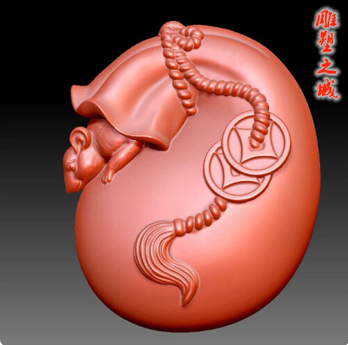 圆雕图三维图STL雕刻素材3D打印立体图   9131老鼠铜钱福袋钱袋