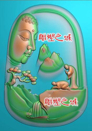 精雕图 灰度图 浮雕图 山水跪拜天边佛