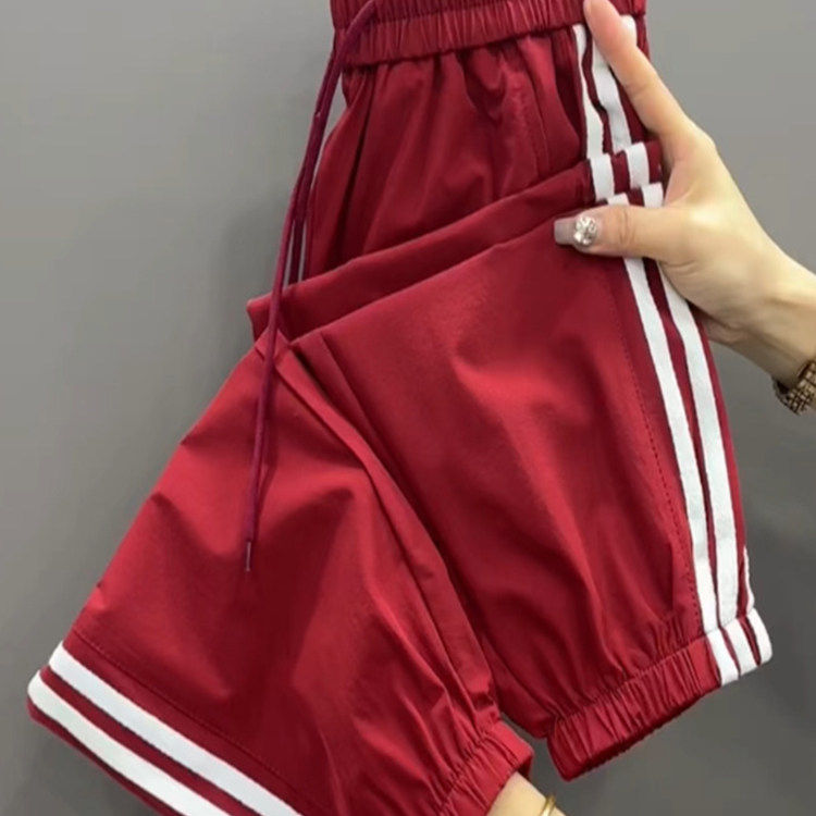 大码美式条纹速干哈伦裤女夏季薄休闲裤