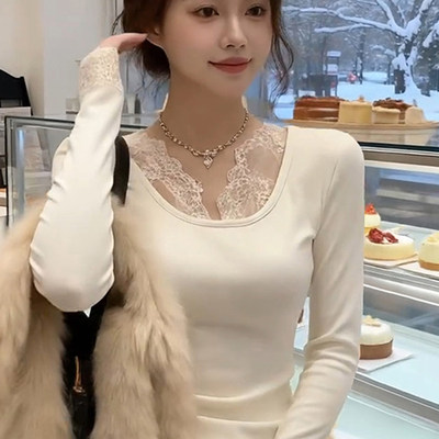 大码德绒蕾丝显瘦长袖打底T恤