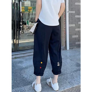 大码欧货彩色纽扣速干防晒阔腿裤子女夏季薄款显瘦休闲直筒运动裤