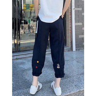 大码欧货彩色纽扣速干防晒阔腿裤子女夏季薄款显瘦九分直筒运动裤