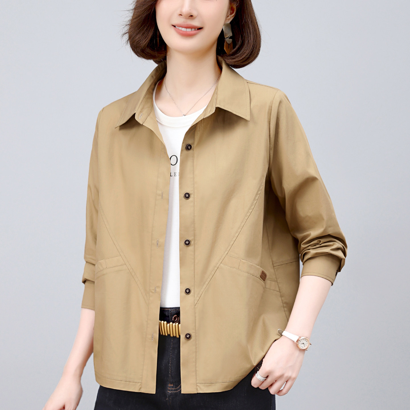 休闲衬衫女春秋2026新款小个子洋气减龄中年妈妈上衣薄款衬衣外套