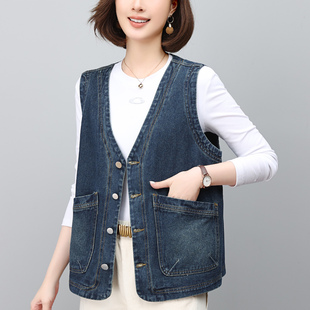 休闲V领牛仔马甲女款春秋外搭背心宽松洋气叠穿妈妈短款马夹外套