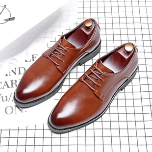 系鞋带尖头皮鞋男结婚新郎鞋男士搭配西服西裤中色正装西装鞋子潮