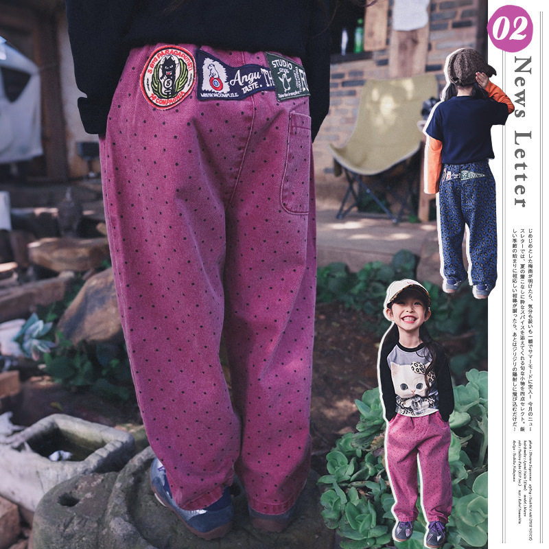 女童直筒裤2026秋季款韩系甜美儿童波点印花裤子女童洋气时髦长裤