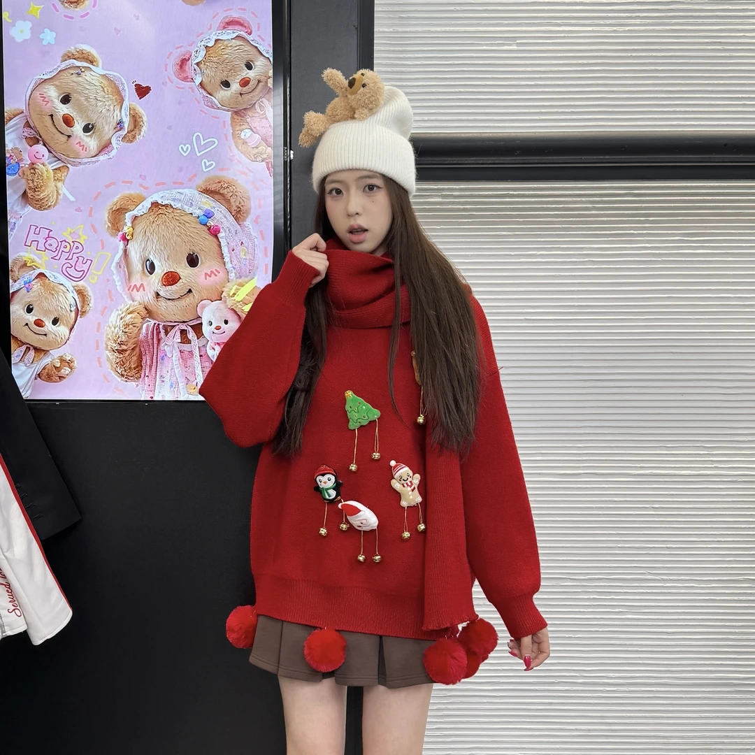 圣诞氛围感红色秋冬套头圆领宽松