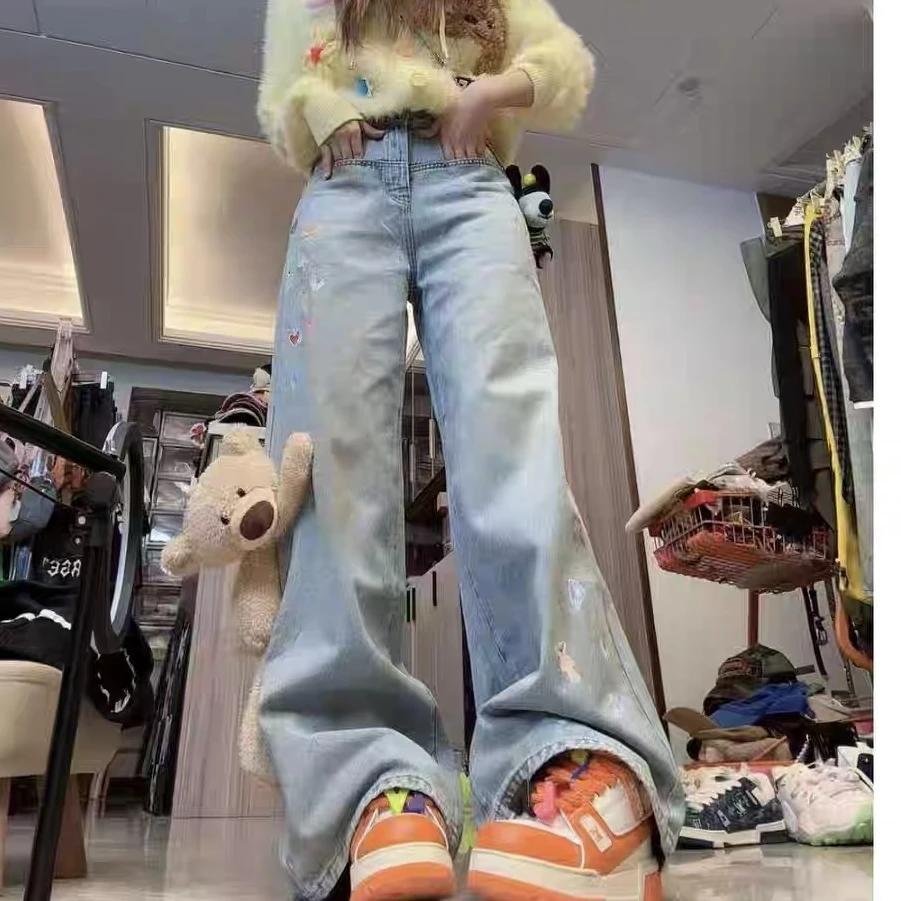 做旧脏染设计刺绣牛仔休闲裤女
