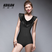 凯迪龙黑色连体游泳衣显瘦遮肚保守三角泳装 荷叶边度假温泉时尚 女