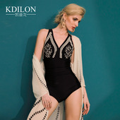 凯迪龙黑白色泳衣女性感小胸聚拢连体时尚 保守遮肚显瘦游泳衣 泳装